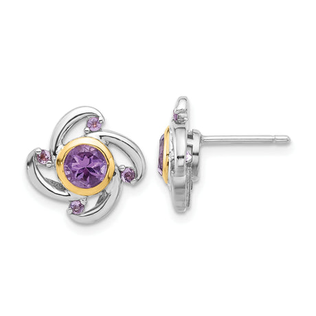 14k Yellow Gold Stud Earrings with Amethyst Center, Floral Swirl Design