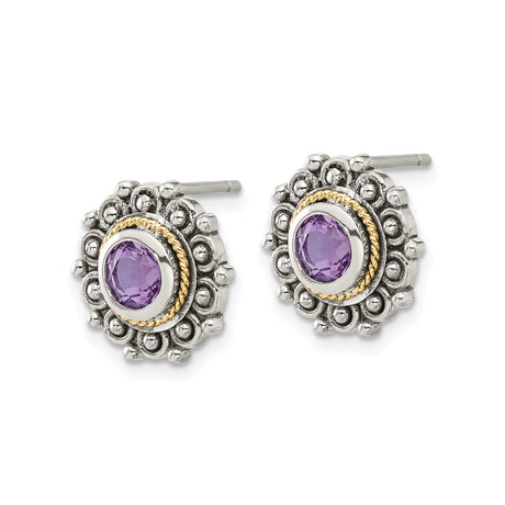 14k Yellow Gold Stud Earrings with Amethyst, Vintage Floral Design, Twisted Detailing