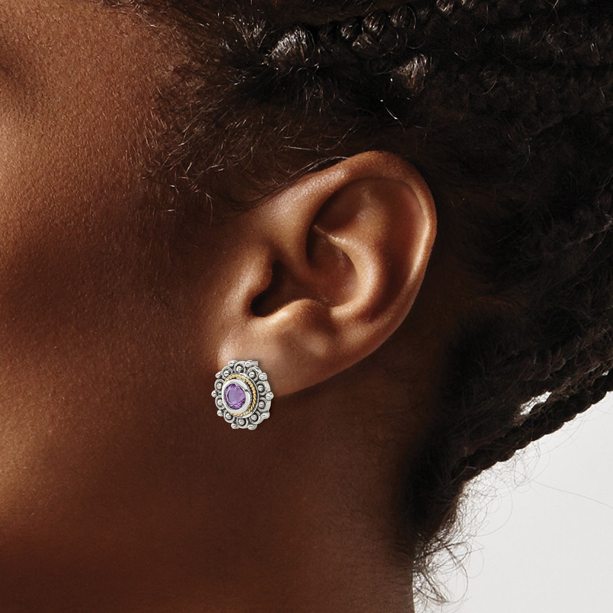 14k Yellow Gold Stud Earrings with Amethyst, Vintage Floral Design, Twisted Detailing