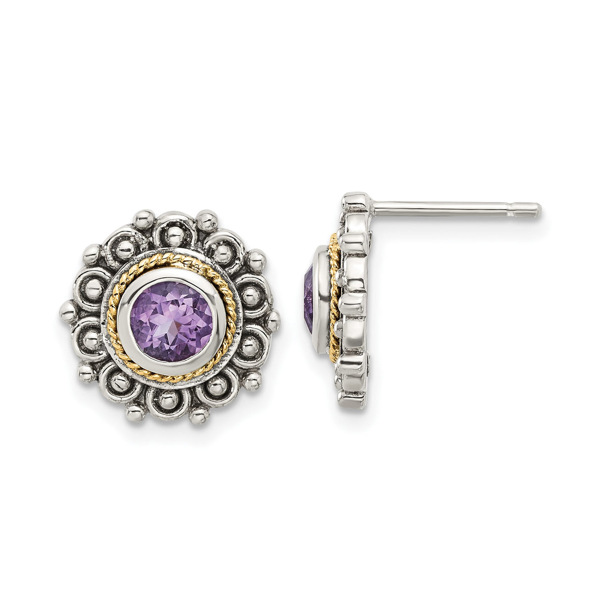 14k Yellow Gold Stud Earrings with Amethyst, Vintage Floral Design, Twisted Detailing