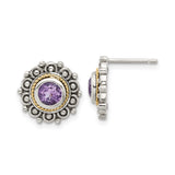 14k Yellow Gold Stud Earrings with Amethyst, Vintage Floral Design, Twisted Detailing
