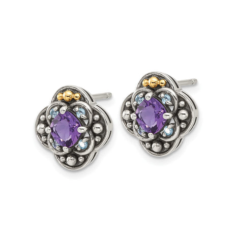 14k Yellow Gold Stud Earrings with Amethyst and Blue Topaz, Floral Motif, Vintage Boho Style