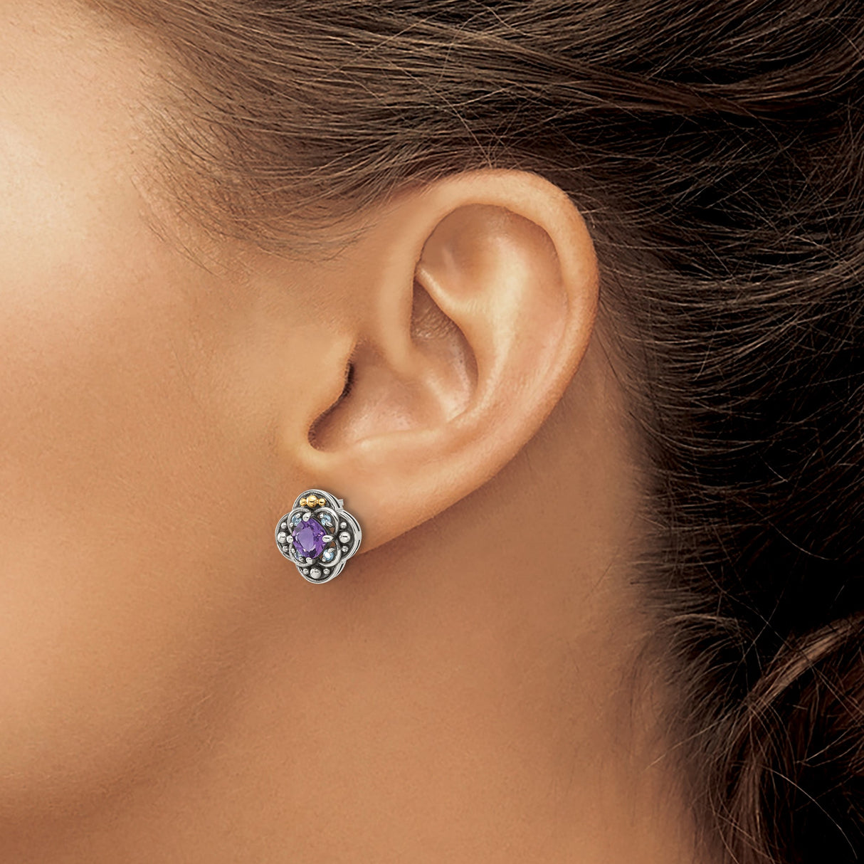 14k Yellow Gold Stud Earrings with Amethyst and Blue Topaz, Floral Motif, Vintage Boho Style