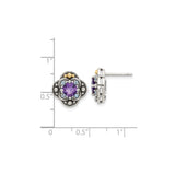 14k Yellow Gold Stud Earrings with Amethyst and Blue Topaz, Floral Motif, Vintage Boho Style