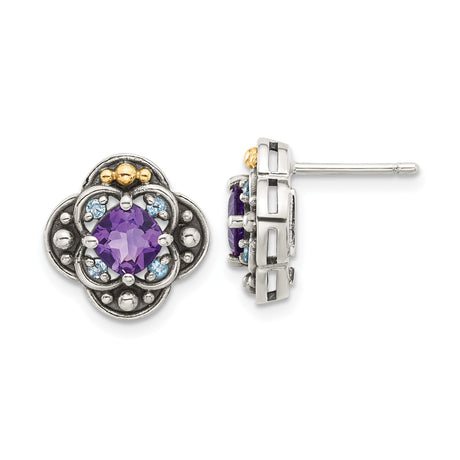 14k Yellow Gold Stud Earrings with Amethyst and Blue Topaz, Floral Motif, Vintage Boho Style