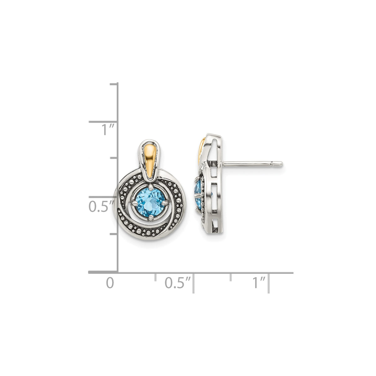 14k Yellow Gold and Sterling Silver Stud Earrings with Swiss Blue Topaz, Beaded Circle Design