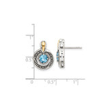 14k Yellow Gold and Sterling Silver Stud Earrings with Swiss Blue Topaz, Beaded Circle Design