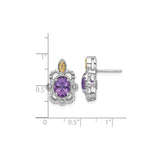 14k Two-Tone Yellow Gold Amethyst Stud Earrings with Marquise Accent, Vintage Floral Style