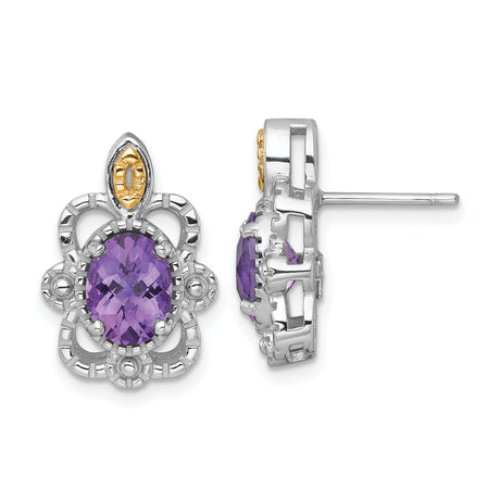 Sterling Silver Amethyst Stud Earrings with 14k Yellow Gold Marquise Accent, Vintage Floral Style