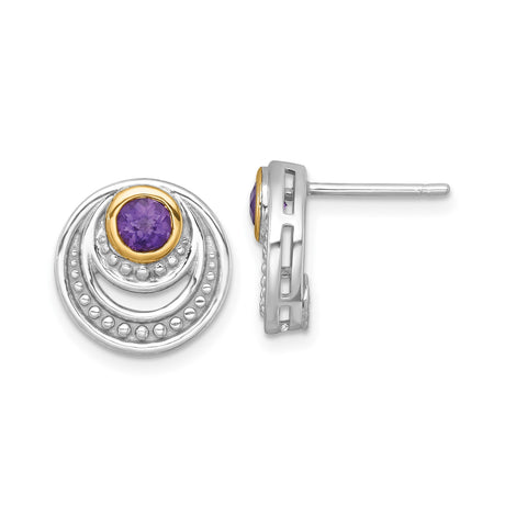 14k Yellow Gold Stud Earrings with Amethyst, Two-Tone Concentric Circle Moon-Inspired Design
