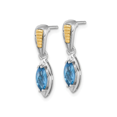 14k Yellow Gold and Sterling Silver Dangle Earrings with London Blue Topaz, Marquise Cut, Drop Design