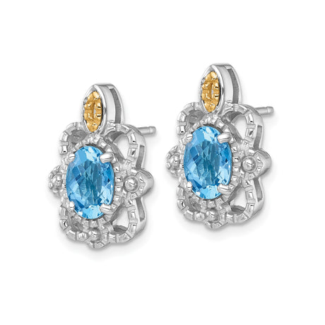 14k Yellow Gold Stud Earrings with Swiss Blue Topaz, Filigree Scrollwork, Floral Motifs, Vintage Style