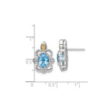 14k Yellow Gold Stud Earrings with Swiss Blue Topaz, Filigree Scrollwork, Floral Motifs, Vintage Style