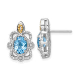 14k Yellow Gold Stud Earrings with Swiss Blue Topaz, Filigree Scrollwork, Floral Motifs, Vintage Style