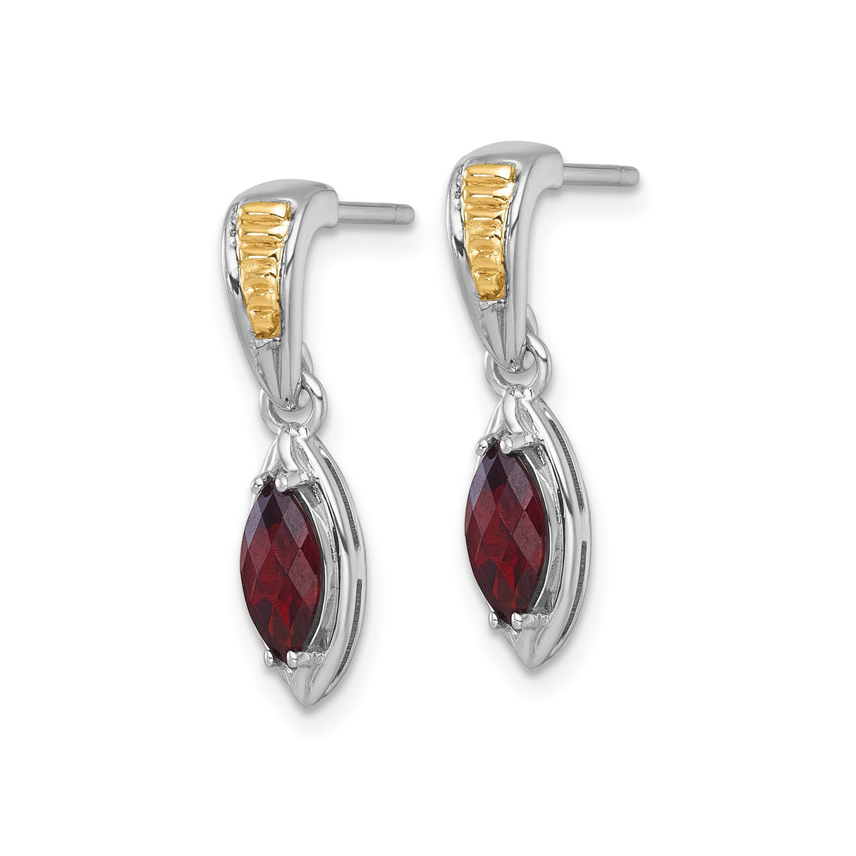 14k Yellow Gold and Sterling Silver Dangle Earrings with Garnet, Marquise Cut, Bezel Set Drop Design