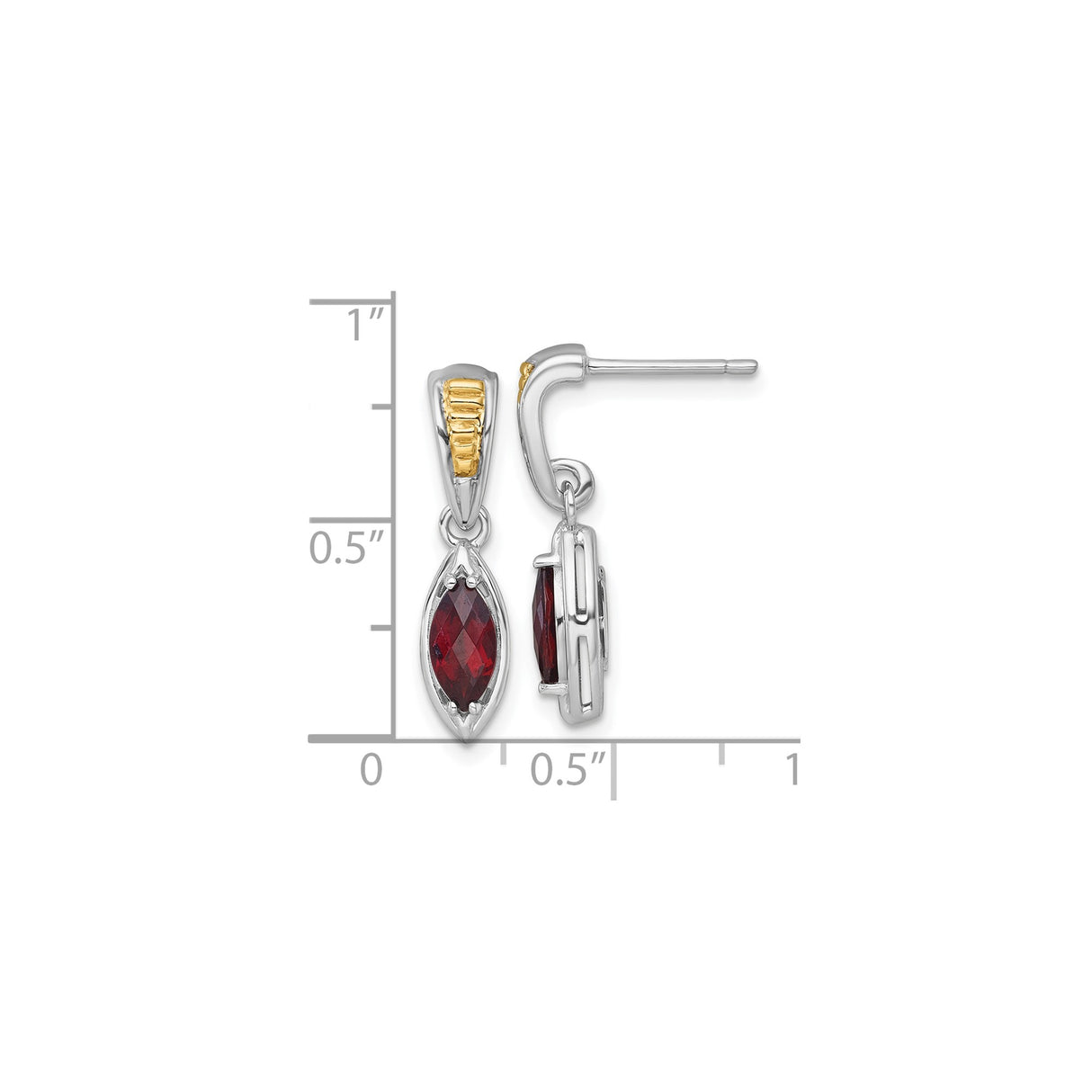 14k Yellow Gold and Sterling Silver Dangle Earrings with Garnet, Marquise Cut, Bezel Set Drop Design