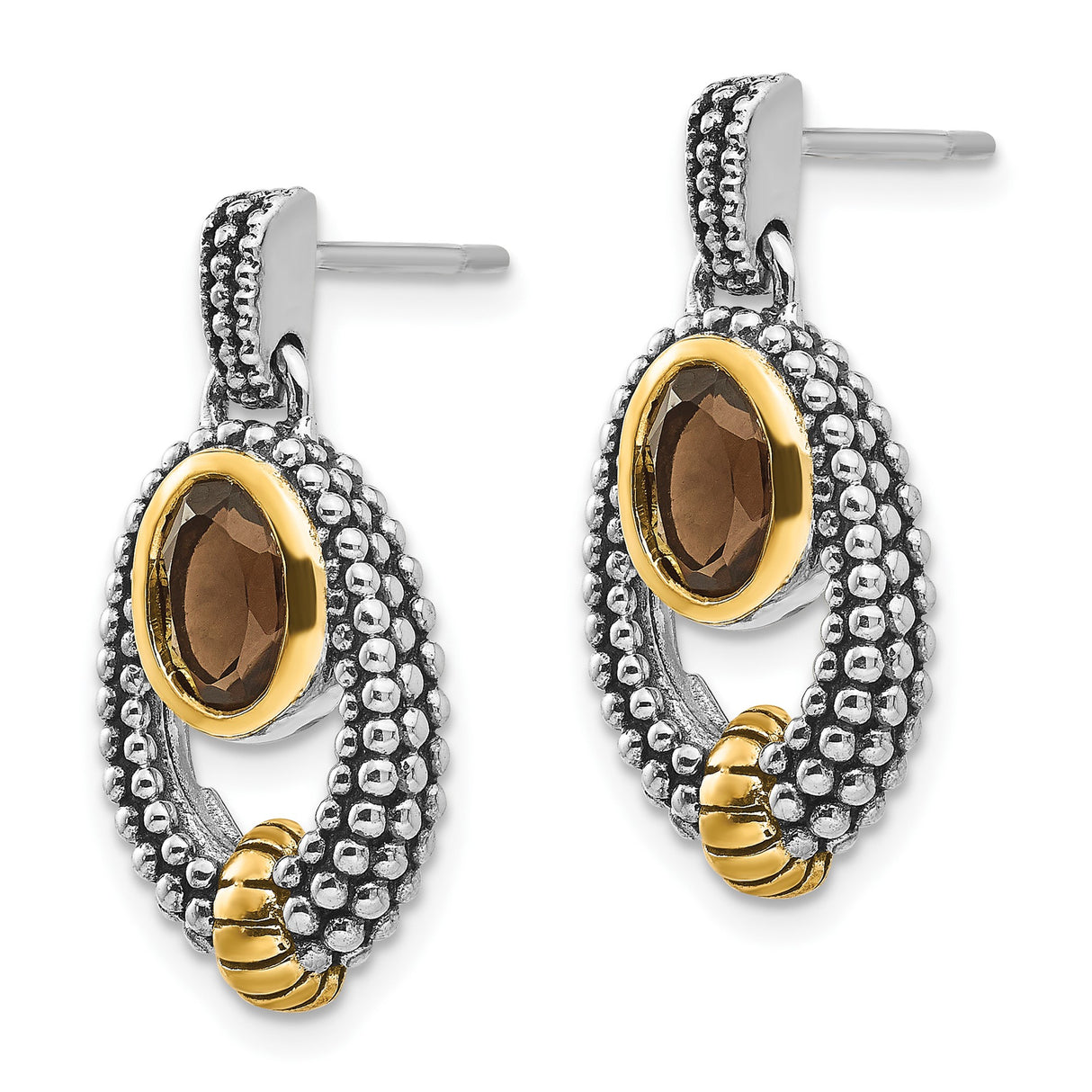 Sterling Silver Dangle Earrings with Oval Smoky Quartz, Two-Tone Beaded Loop Design