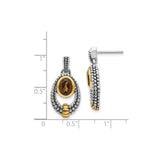 Sterling Silver Dangle Earrings with Oval Smoky Quartz, Two-Tone Beaded Loop Design
