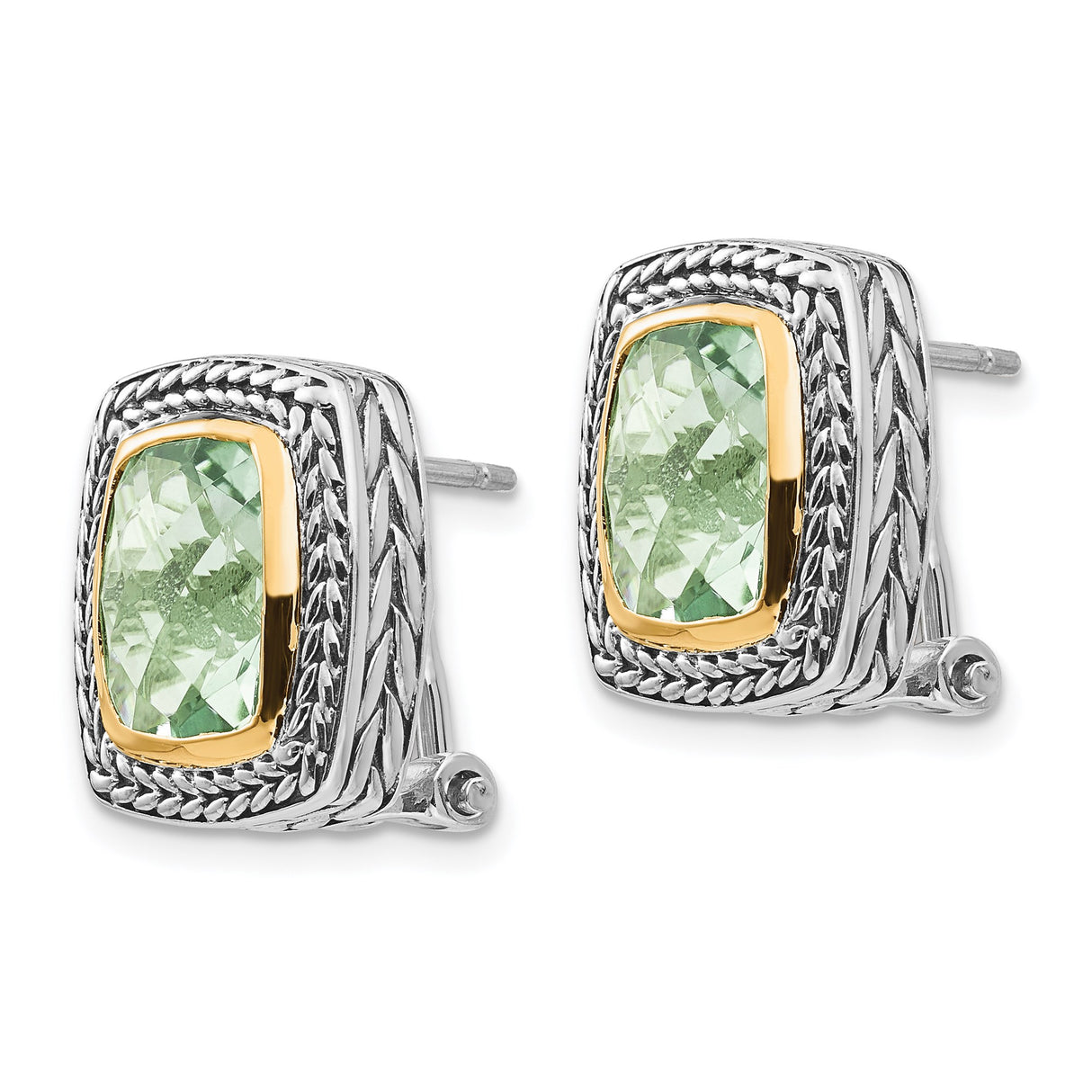 14k Yellow Gold Stud Earrings with Cushion Cut Prasiolite, Two-Tone Braided Vintage Style