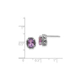 Sterling Silver Amethyst Stud Earrings, Oval Cut, Twisted Rope and Beaded Vintage Design