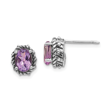 Sterling Silver Amethyst Stud Earrings, Oval Cut, Twisted Rope and Beaded Vintage Design