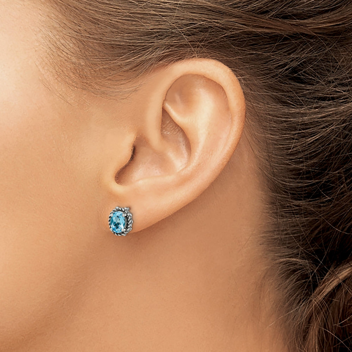 Sterling Silver Stud Earrings with Swiss Blue Topaz, Rope and Beaded Setting, Vintage Style