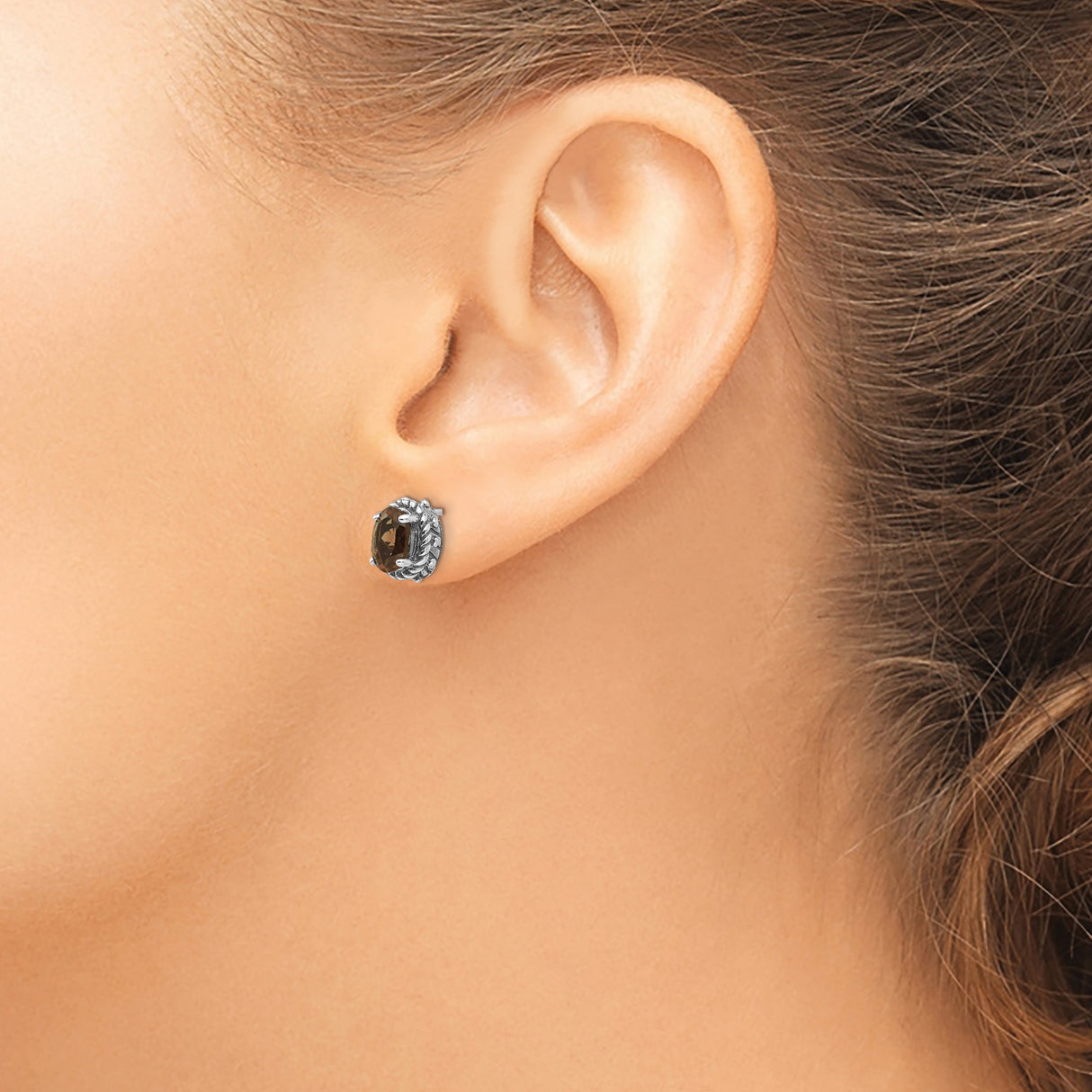 Sterling Silver Stud Earrings with Oval Smoky Quartz, Vintage Rope and Bead Detail