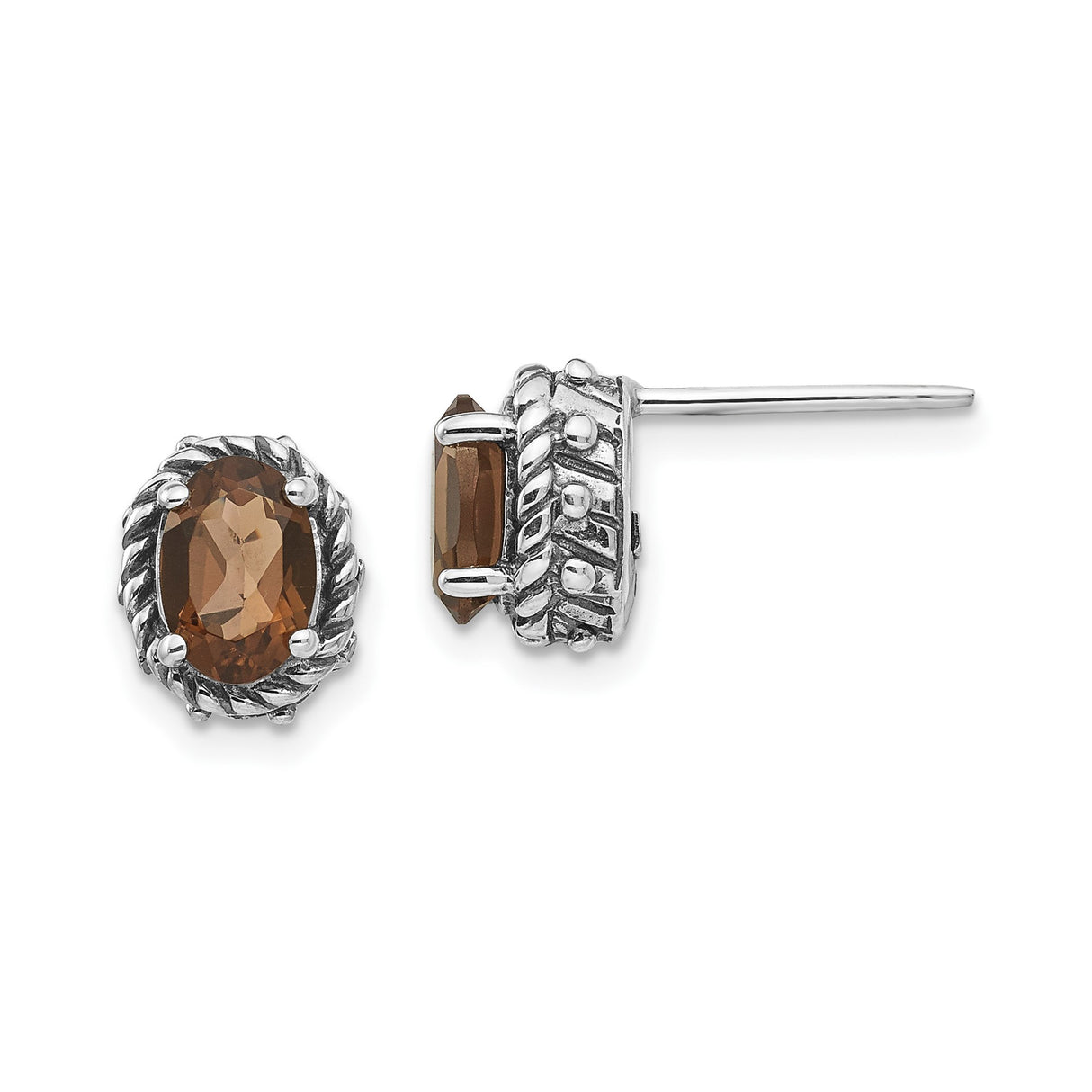 Sterling Silver Stud Earrings with Oval Smoky Quartz, Vintage Rope and Bead Detail