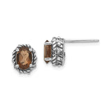 Sterling Silver Stud Earrings with Oval Smoky Quartz, Vintage Rope and Bead Detail
