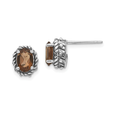 Sterling Silver Stud Earrings with Oval Smoky Quartz, Vintage Rope and Bead Detail