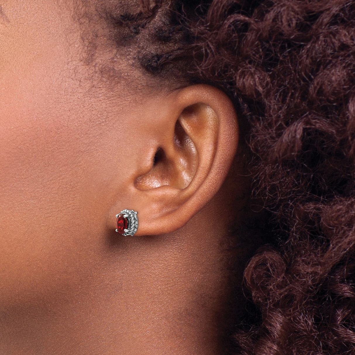 Sterling Silver Garnet Stud Earrings with Oval Cut Gemstones, Vintage Rope and Beaded Design