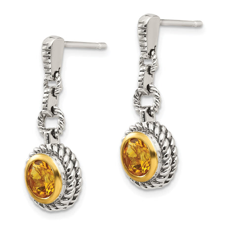 Sterling Silver Dangle Earrings with Round Citrine in Twisted Rope Bezel Setting