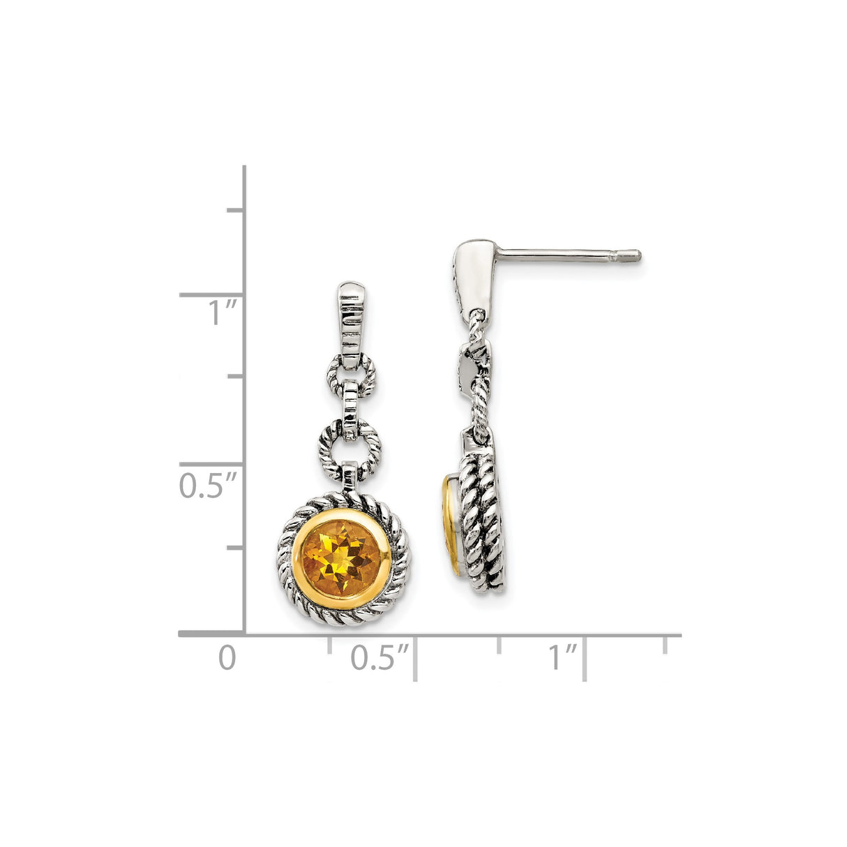 Sterling Silver Dangle Earrings with Round Citrine in Twisted Rope Bezel Setting