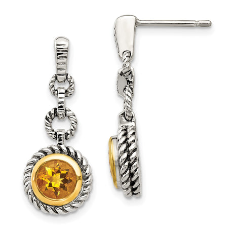 Sterling Silver Dangle Earrings with Round Citrine in Twisted Rope Bezel Setting