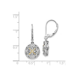 14k Yellow Gold Dangle Earrings with Diamond, Filigree Cross Design, Two-Tone Religious Style