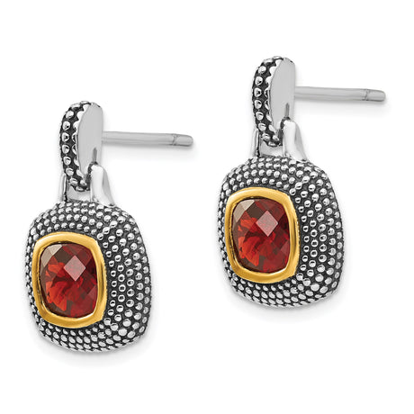Sterling Silver Stud Earrings with Garnet, Gold Bezel Setting, Vintage Textured Dot Design