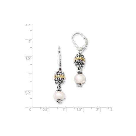 Sterling Silver and 14k Yellow Gold Drop Earrings with White Pearls, Boho Vintage Dangle Design