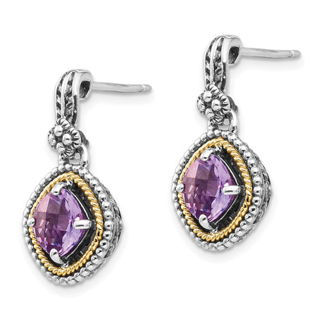 Sterling Silver and 14k Yellow Gold Dangle Earrings with Amethyst, Vintage Floral Rope Design