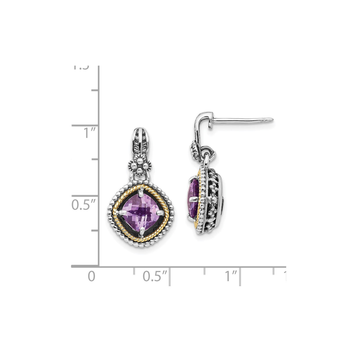 14k Two-Tone Yellow Gold Dangle Earrings with Amethyst, Vintage Floral Rope Design