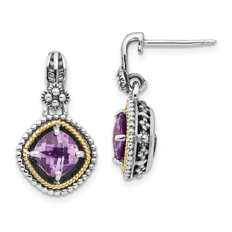 Sterling Silver and 14k Yellow Gold Dangle Earrings with Amethyst, Vintage Floral Rope Design