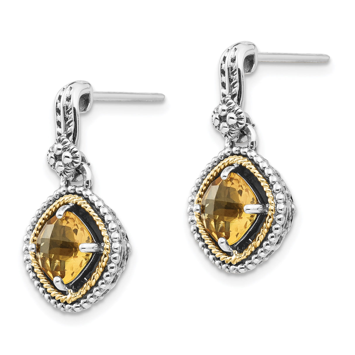 14k Two-Tone Yellow Gold Dangle Earrings with Cushion Cut Citrine, Vintage Beaded Floral Design
