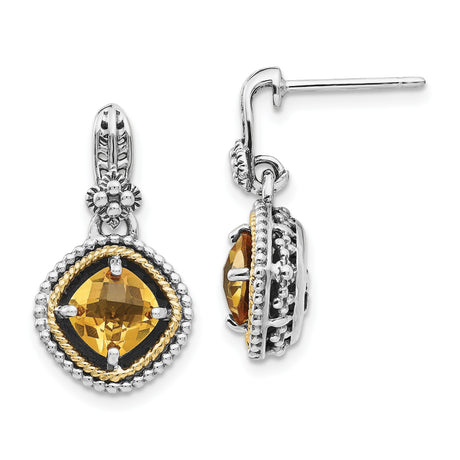 14k Yellow Gold and Sterling Silver Dangle Earrings with Cushion Cut Citrine, Vintage Beaded Floral Design