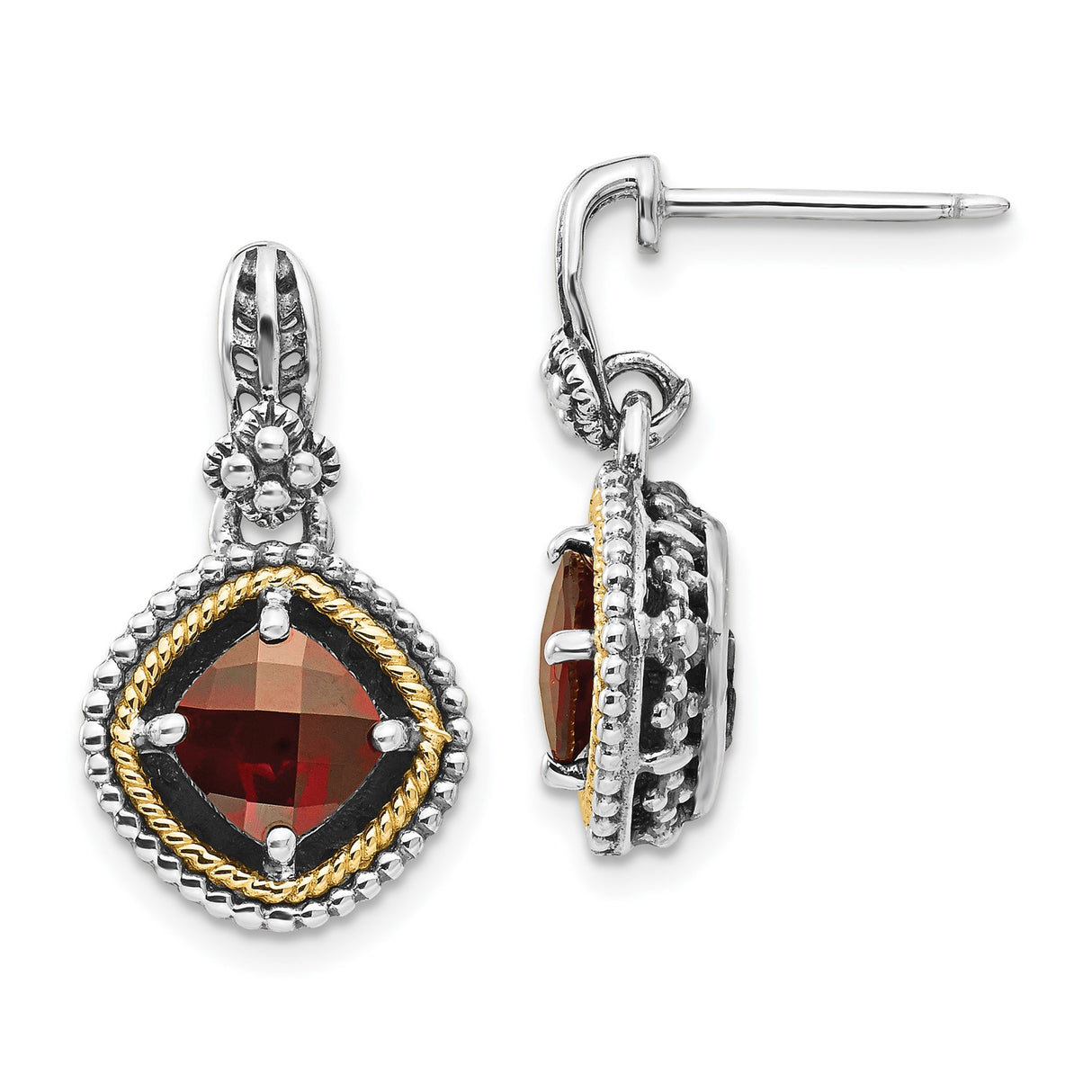 14k Yellow Gold and Sterling Silver Dangle Earrings with Garnet, Beaded Setting, Vintage Style