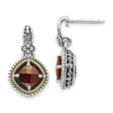 14k Yellow Gold and Sterling Silver Dangle Earrings with Garnet, Beaded Setting, Vintage Style