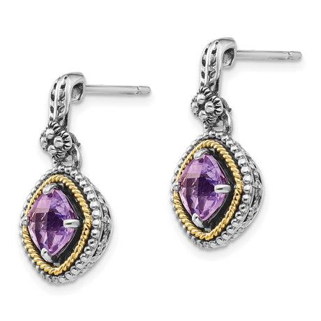 14k Yellow Gold and Sterling Silver Dangle Earrings with Amethyst, Floral Rope Vintage Design