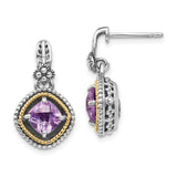 14k Yellow Gold and Sterling Silver Dangle Earrings with Amethyst, Floral Rope Vintage Design