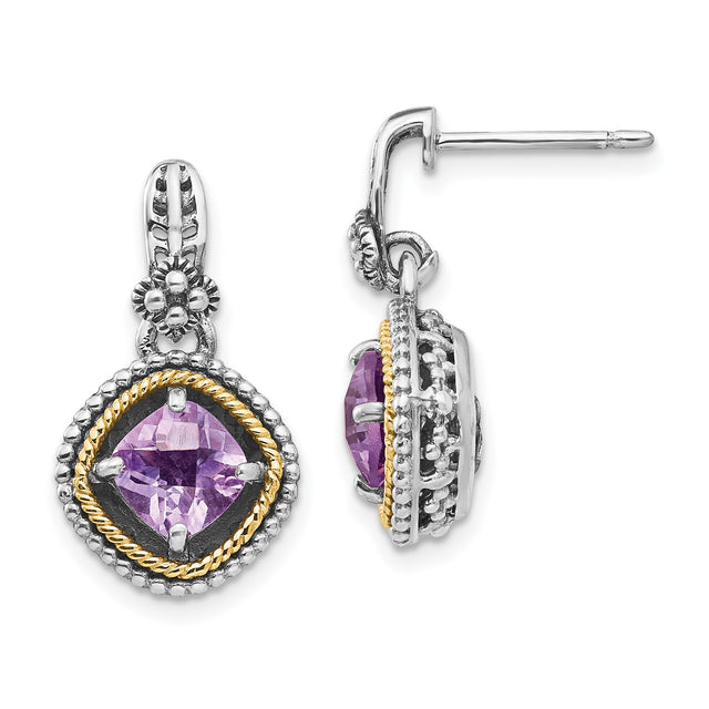 14k Yellow Gold and Sterling Silver Dangle Earrings with Amethyst, Floral Rope Vintage Design