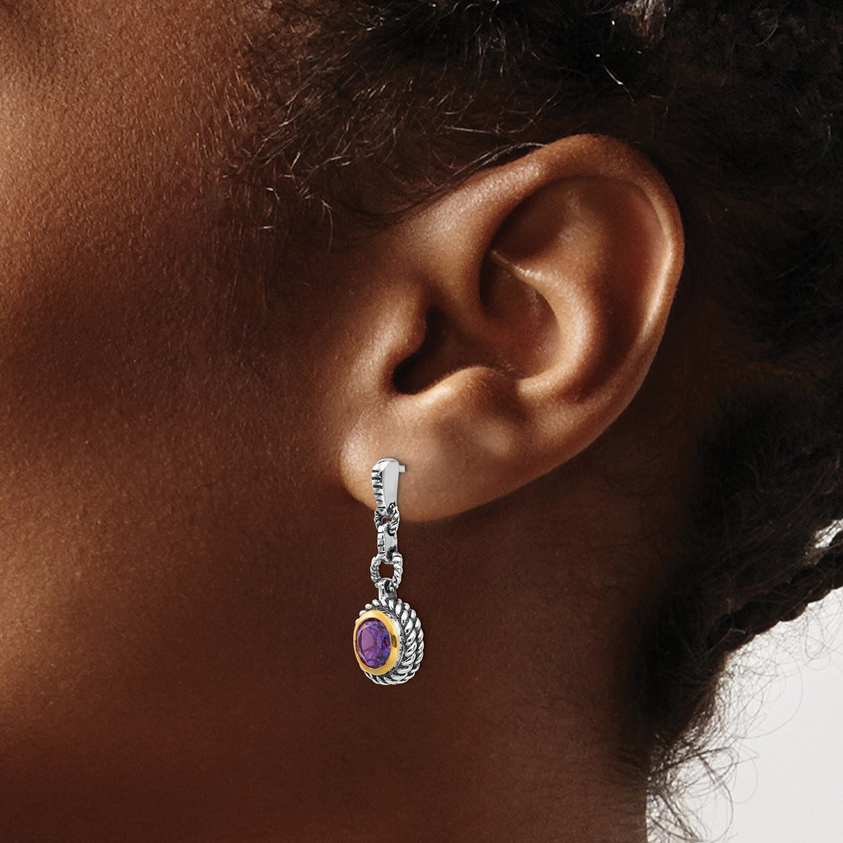 Sterling Silver Drop Earrings with Amethyst, Twisted Rope Bezel, Two Tone Vintage Style