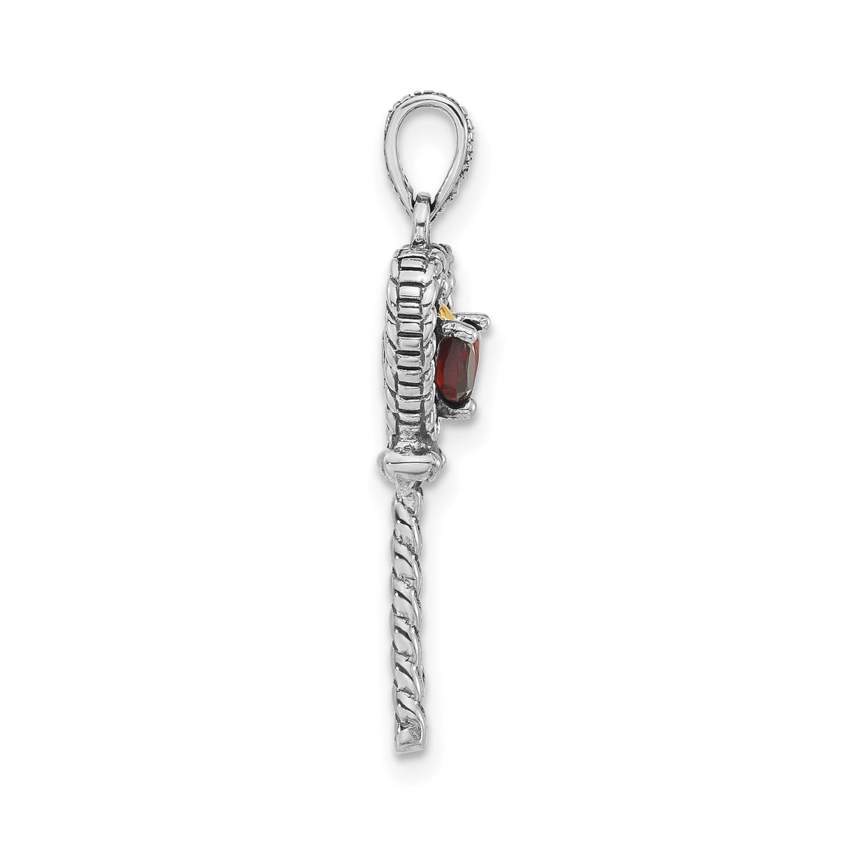 14k Multi-Tone Gold and Sterling Silver Heart Key Pendant with Garnet, Braided Vintage Style