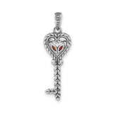 14k Multi-Tone Gold and Sterling Silver Heart Key Pendant with Garnet, Braided Vintage Style